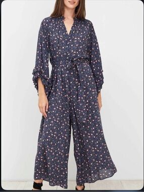 Apiece Apart Navy Floral Wide-Leg Jumpsuit with Pink Print